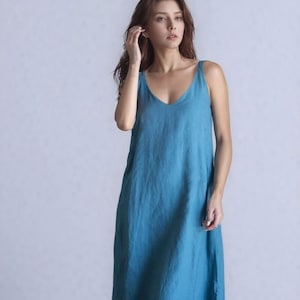 Linen Slip Dress, Linen Maxi Dress, Summer Linen Dress, Long Sleeveless Dress with Pockets, Linen Beach Dress, Spaghetti Strap Dress