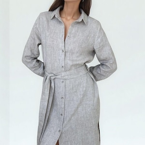 Grey Linen Shirt Dress, Long Sleeve Maxi Dress with Belt, Minimalist Button Down Linen Dress