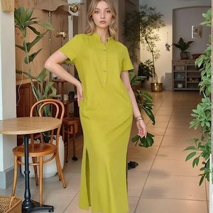 Olive Green Linen Maxi Dress, Women&#39;s Summer Short Sleeve Pocket Dress, Elegant Loose Fit, Side Slit, Natural Fabric