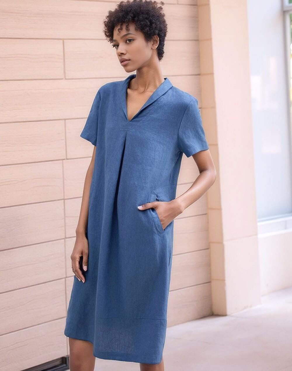 Wrap Dress Matalan Linen Dresses Handmade Blue Linen Midi Dress: Short Sleeve Summer Outfit Wrap Dress Matalan Linen Dresses Handmade Blue Linen Midi Dress: Short Sleeve Summer Outfit