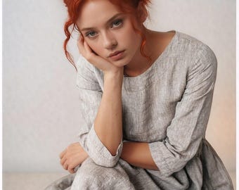 Linen Dress With Pockets, Loose Fit Linen Dress, Linen Midi Dress, Handmade Casual Clothing, Minimalist Linen Outfit