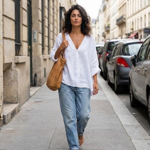 Handmade Linen V Neck Top, Relaxed Fit Summer Blouse, Minimalist Everyday Clothing