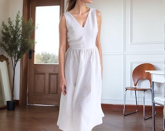 White Linen Cotton Midi Dress Button Front V Neck Sleeveless A Line Summer Dress for Women - Etsy White Linen Cotton Midi Dress Button Front V Neck Sleeveless A Line Summer Dress for Women - Etsy