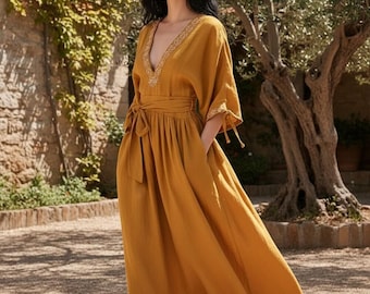 Long 100% Linen Wrap Dress/ 1206