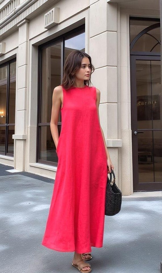 Maxi Dress Loose Fitting Red Dress Women's Sleeveless Flared Bell