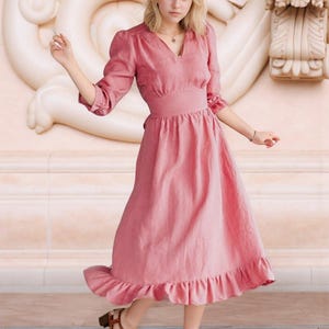 Handmade Slub Linen Midi Dress: 3/4 Sleeve Cottagecore Style