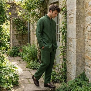 Men’s Mandarin Collar Linen Set, Modern Minimalist Two Piece Suit, Tailored Button Jacket Outfit