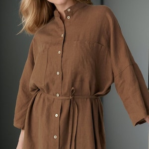 Brown linen shirt dress, oversized button down, casual loose fit, vintage style, breathable summer outfit