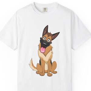 Unisex Dog Lover T-Shirt With Funny Cartoon of Tan Color German Shepherd