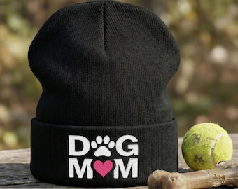 Dog Mom Knit Beanie: Embroidered Paw & Heart Print, Warm Winter Accessory