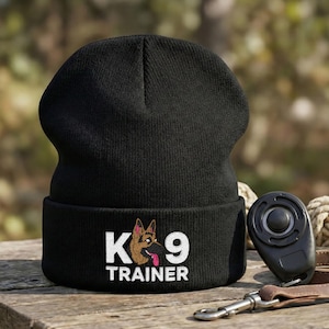 K9 Trainer Knit Beanie: Embroidered German Shepherd Patch, Gift For Dog Trainers