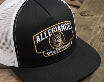 Embroidered Allegiance German Shepherd Trucker Hat: 5 Panel, Flat Bill
