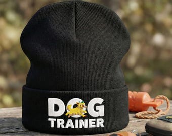 Playful Funny Dog Trainer Knit Beanie: Golden Retriever Motif, Gift for Canine Trainers