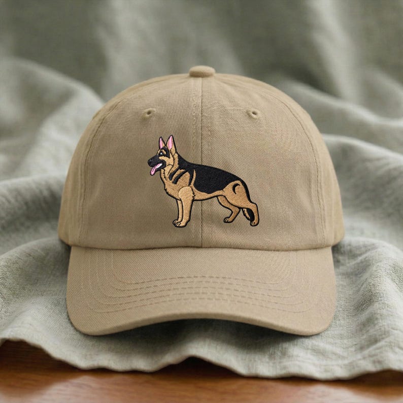 Gorra de pastor alemán bordada: postura de exhibición canina, regalo para amantes, dueños, entrenadores y cuidadores de pastores alemanes. Khaki