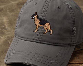 Embroidered Stacked German Shepherd Distressed Hat: Cotton Twill Fabric, Dog Logo
