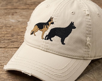 Embroidered Distressed German Shepherd Hat: Two Dogs Show Pose, K9 Trainer Gift