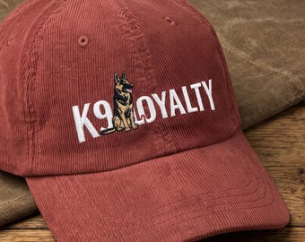 Embroidered K9 Loyalty German Shepherd Vintage Corduroy Hat: Low Profile, Unstructured