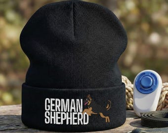 Dynamic German Shepherd Embroidered Knit Beanie: Leaping Dog Silhouette , Gift For Trainers
