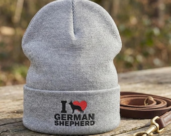 I Love German Shepherd Embroidered Classic Cuffed Beanie: Gift For GSD Lovers, Trainers, Owners