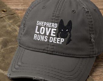Embroidered Cotton Twill Shepherd Lover Distressed Hat: Black Dog Graphic