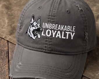 Distressed Hat with Embroidery of German Shepherd and  Unbreakable Loyalty