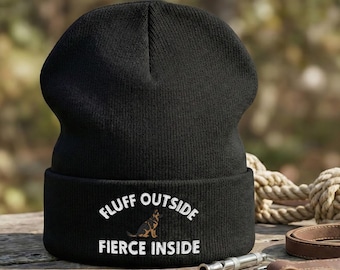 Fluff Outside Fierce Inside Embroidered German Shepherd Knit Beanie: Gift For Dog Trainers, Lovers