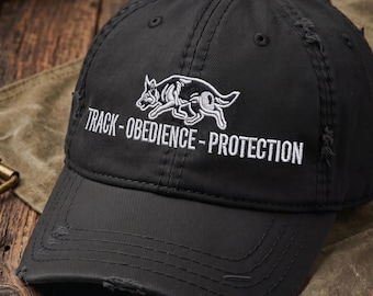 Embroidered IGP Schutzhund German Shepherd Distressed Hat: Track Obedience Protection