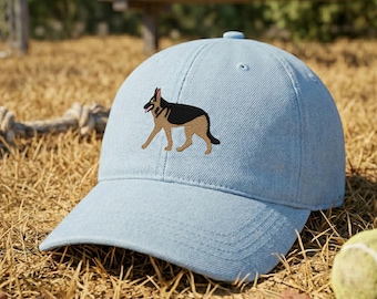 Embroidered German Shepherd Denim Hat: Outdoor Cap for Dog Owners, Gift For GSD Lovers