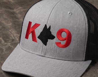 Embroidered K9 Snapback Trucker Hat: German Shepherd Dog Silhouette Between K & 9