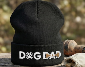 Dog Dad Embroidered Knit Beanie: Paw and Bone Design, Gift for Him
