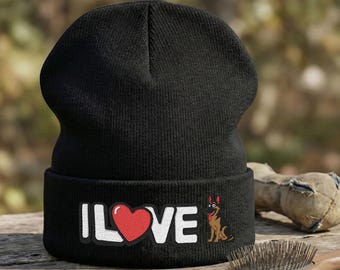 Cozy Dog Lover Knit Beanie - Embroidered German Shepherd Silhouette & Heart