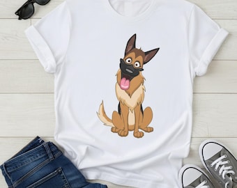 Unisex Dog Lover T-Shirt With Funny Cartoon of Tan Color German Shepherd