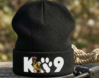 K9 Knit Beanie: Embroidered German Shepherd and Paw Logo Design | Dog Trainer Gift