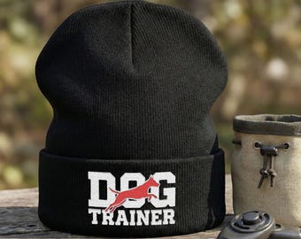 Embroidered Jumping Dog Trainer Knit Beanie | Gift for Agility Handlers & Training Pros