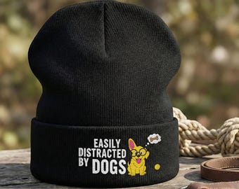 Easily Distracted by Dogs Knit Beanie: Embroidered Funny Dog Design Wearing Glasses