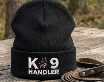 Embroidered K9 Handler Beanie: Police Dog Knit Cap, German Shepherd Silhouette