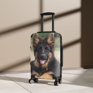 Maleta de viaje para amantes de los perros con un impresionante cachorro de pastor alemán descansando en la arena
