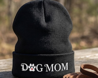 Dog Mom Embroidered Beanie with Paw Print & Heart | Cozy Hat | Gift for Moms