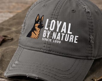 Embroidered German Shepherd Distressed Hat: Loyal By Nature Since 1899