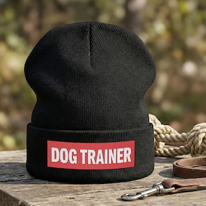 Dog Trainer Knit Beanie | Embroidered Red Patch Cuffed Hat for Training Pros