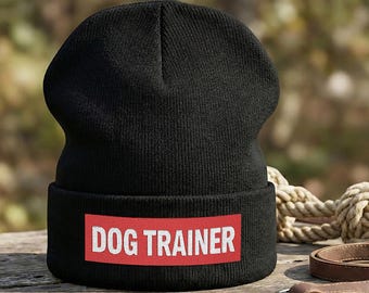 Dog Trainer Knit Beanie | Embroidered Red Patch Cuffed Hat for Training Pros