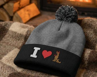 I Love German Shepherd Embroidered Pom-Pom Knit Cap: Gift For GSD Lovers, Trainers, Owners