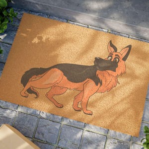 Felpudo para amantes de los perros con un pastor alemán de dibujos animados girando la cabeza