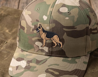 Embroidered German Shepherd Closed-Back Structured Hat:  Camo Green, Black, Royal, Red, Grey, Olive, Khaki