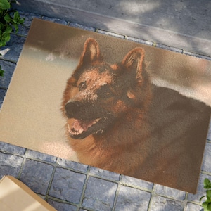 Dog Lover&#39;s Doormat Featuring a Giant German Shepherd in the Snow