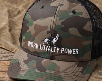 K9 IGP Schutzhund Camo Trucker Hat: Embroidery of German Shepherd & Work Loyalty Power