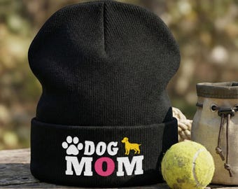 Dog Mom Embroidered Knit Beanie: Paw Print Design, Pet Lover Gift, Warm Winter Cap