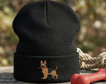 Embroidered Working Dog Knit Beanie: Motif of German Shepherd Holding a Stick In Mouth