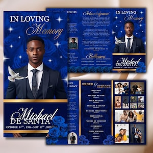 May include: A memorial service program with a blue and gold design. The cover features a portrait of a man, the words "In Loving Memory," and the name "Michael De Santa." The program includes an order of service and acknowledgements.