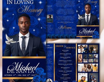 Programa funerario tríptico elegante en azul y dorado, programa de obituario para la celebración de la vida, programa conmemorativo, en memoria de un ser querido (PDF editable)